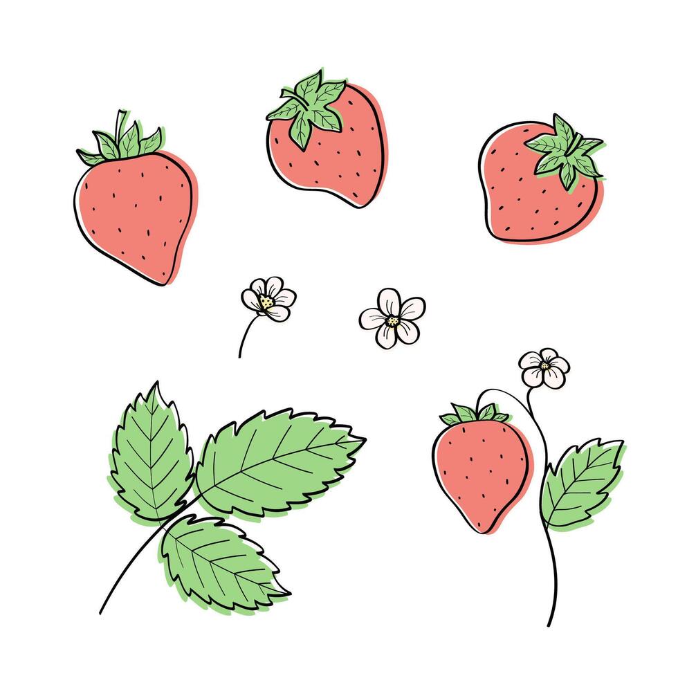 Strawberry sketch icons set. illustration of cartoon strawberry berries with leaves, doodle style. vector