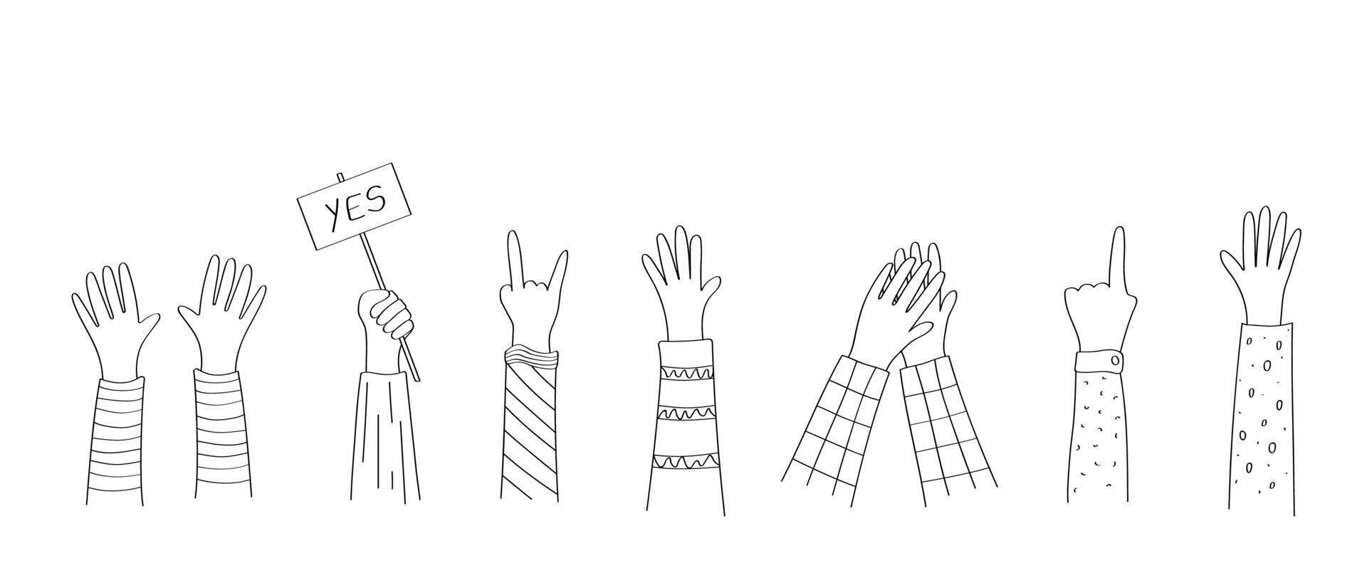 A set of cartoon doodle hand icons. illustration of hand gestures, applause, thumbs up, palm greeting. vector
