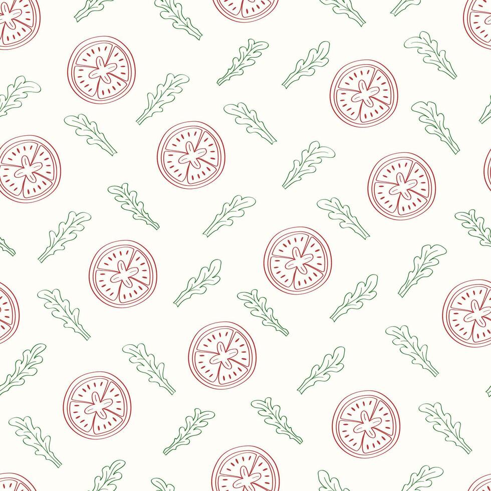 Tomato and arugula slices are a seamless pattern, vegetable background cartoon. illustration wallpaper for the kitchen. vector