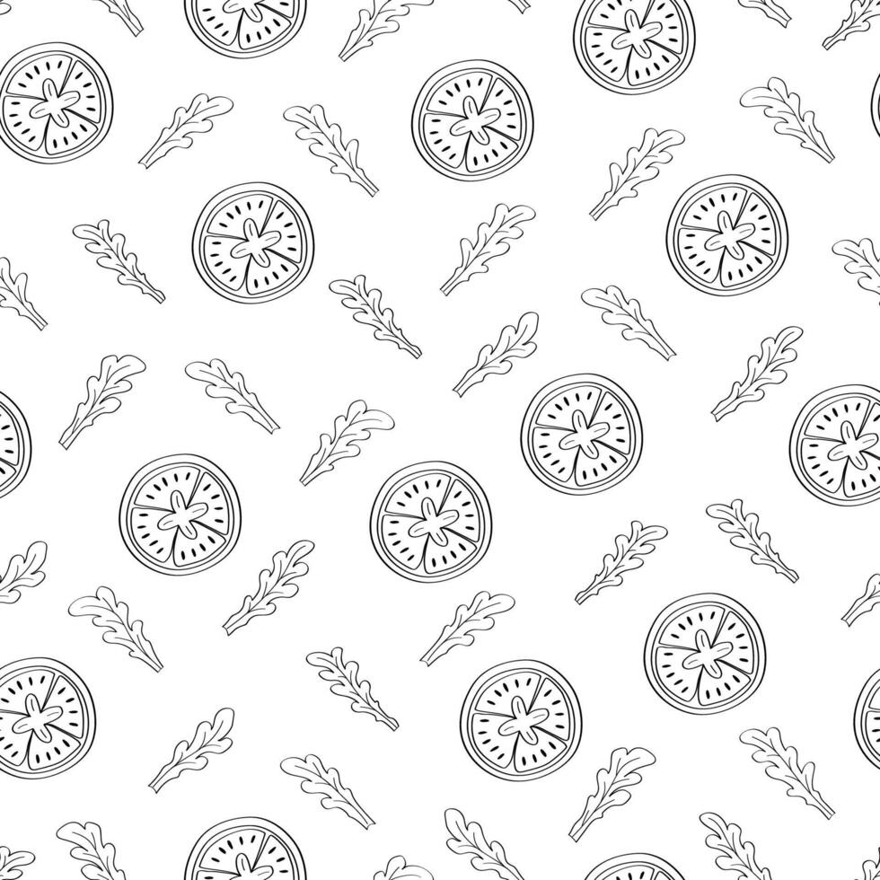 Tomato and arugula slices are a seamless pattern, vegetable background cartoon. illustration wallpaper for the kitchen. vector