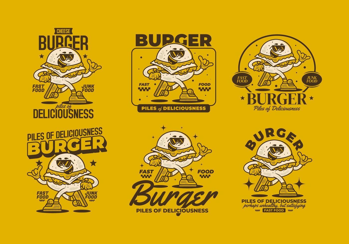Burger, pile of deliciousness. Retro mascot character illustration of burger in running pose vector