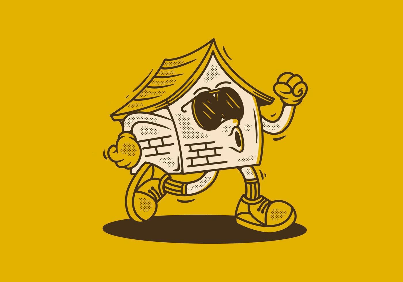 Walking house mascot character in vintage retro style vector