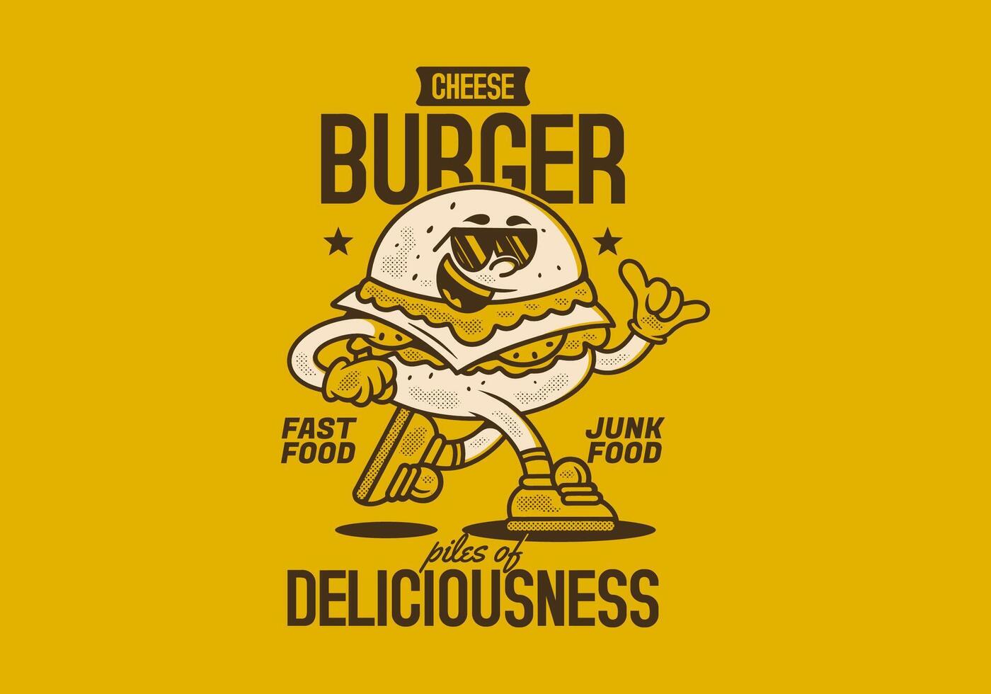 Burger, pile of deliciousness. Retro mascot character illustration of burger in running pose vector