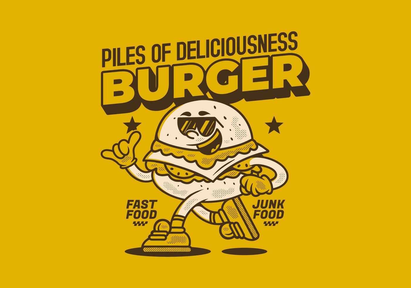 Burger, pile of deliciousness. Retro mascot character illustration of burger in running pose vector