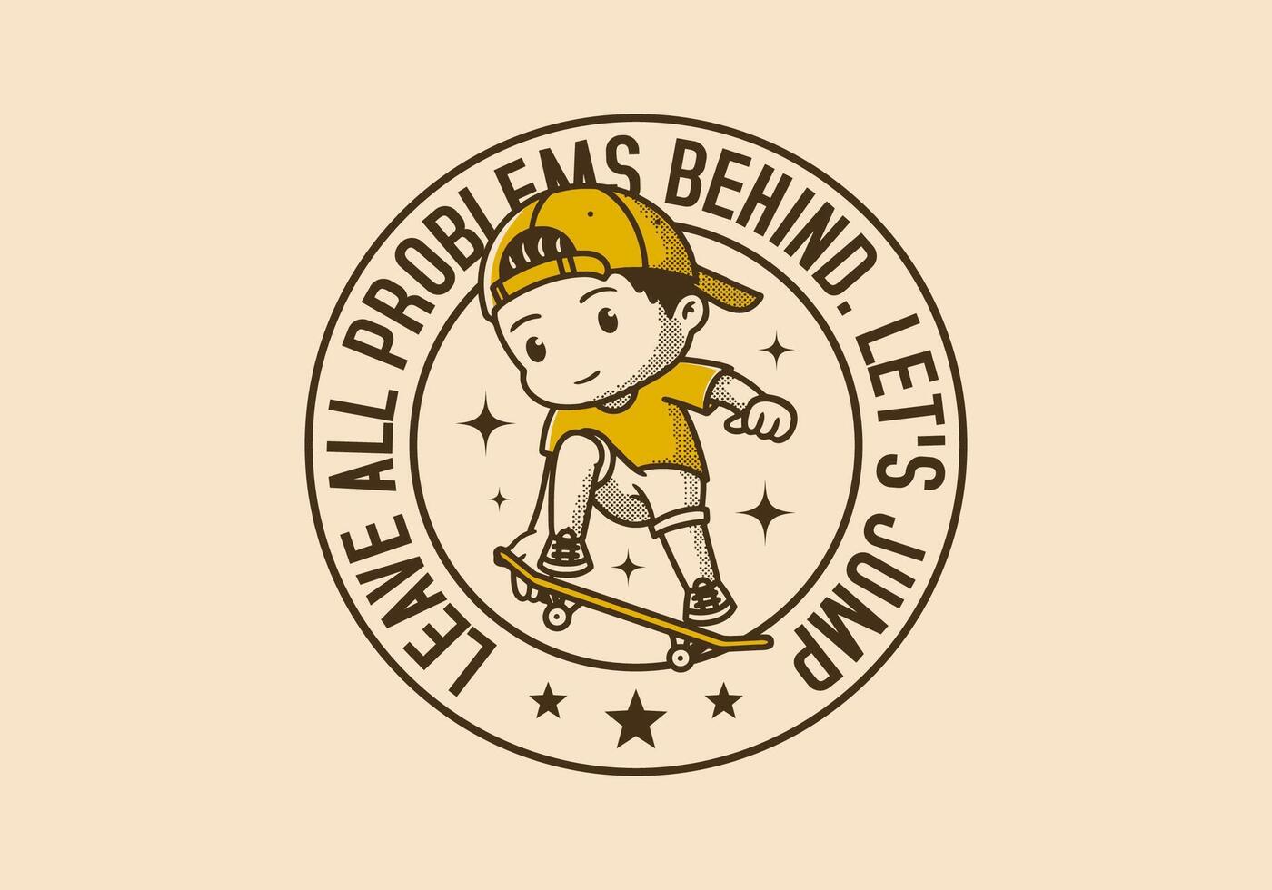 Leave all problems behind, Let's jump. Retro character illustration of a boy jumping on the skateboard vector