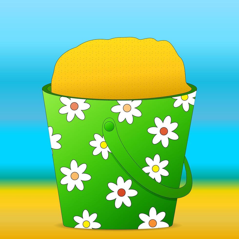 Bright illustration of a green sand bucket decorated with daisies and filled with sand. Perfect for summer and beach-themed designs and projects. vector