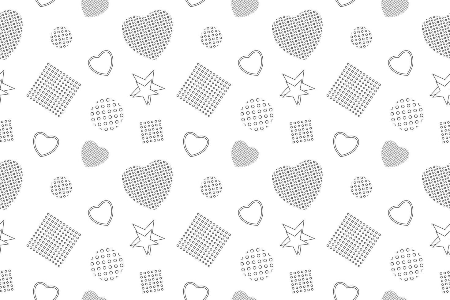 A Memphis style coloring page with retro hearts, stars, and geometric shapes. Perfect for creative and relaxing activities. vector