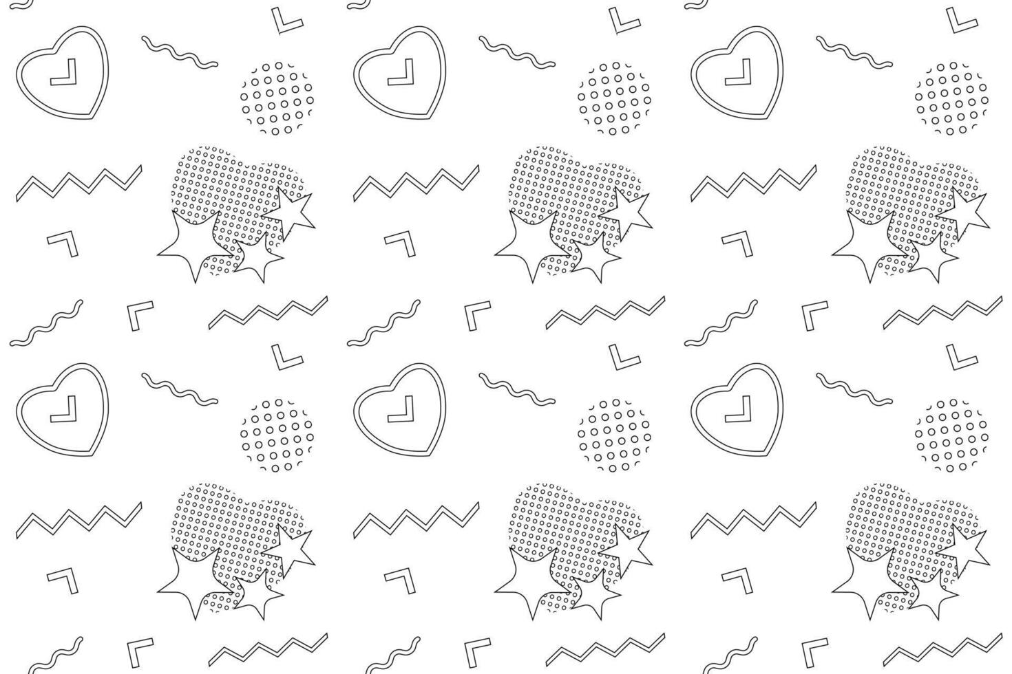 A Memphis style coloring page with retro hearts, stars, zigzags, and waves. Perfect for creative and relaxing activities. vector