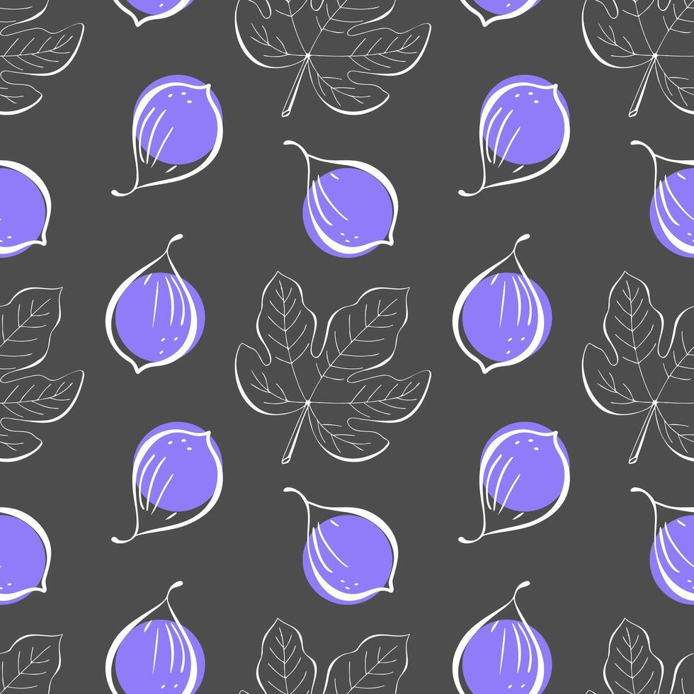 Figs pattern with leaves and fruit purple, stylized white contour doodle drawing, on dark gray background. vector
