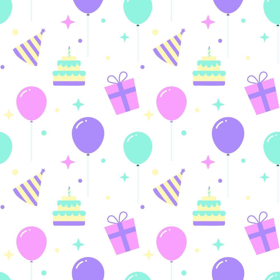 Childrens Birthday bright pattern. holiday pattern with decorations with balloons, gifts and cake. vector