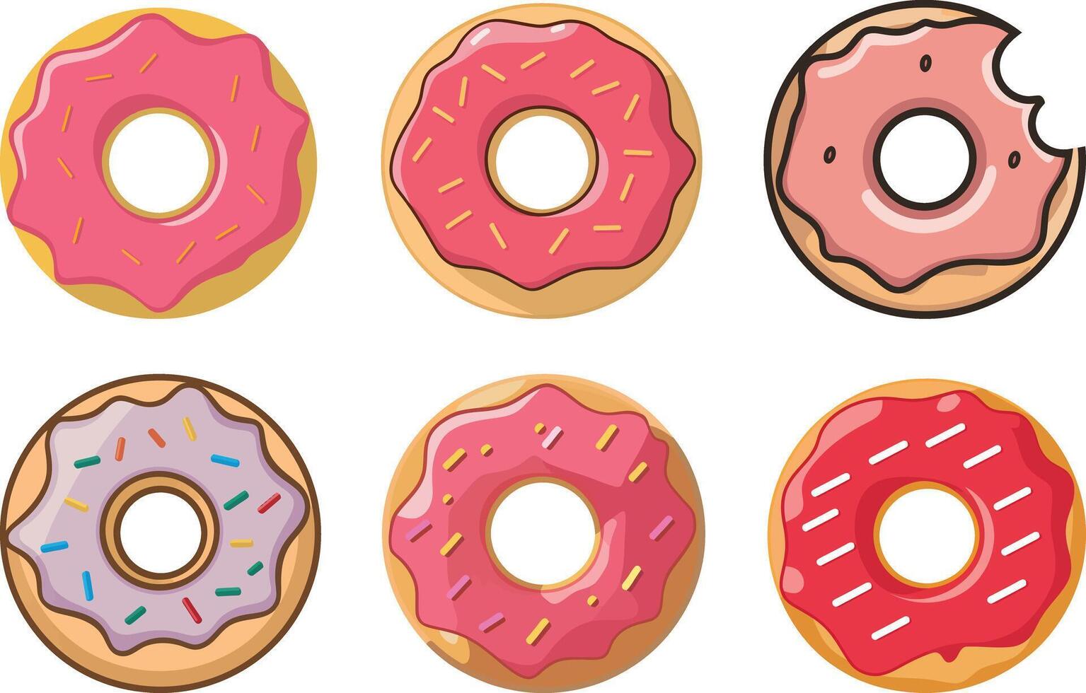 a collection of donuts with different colors and a few sprinkles vector