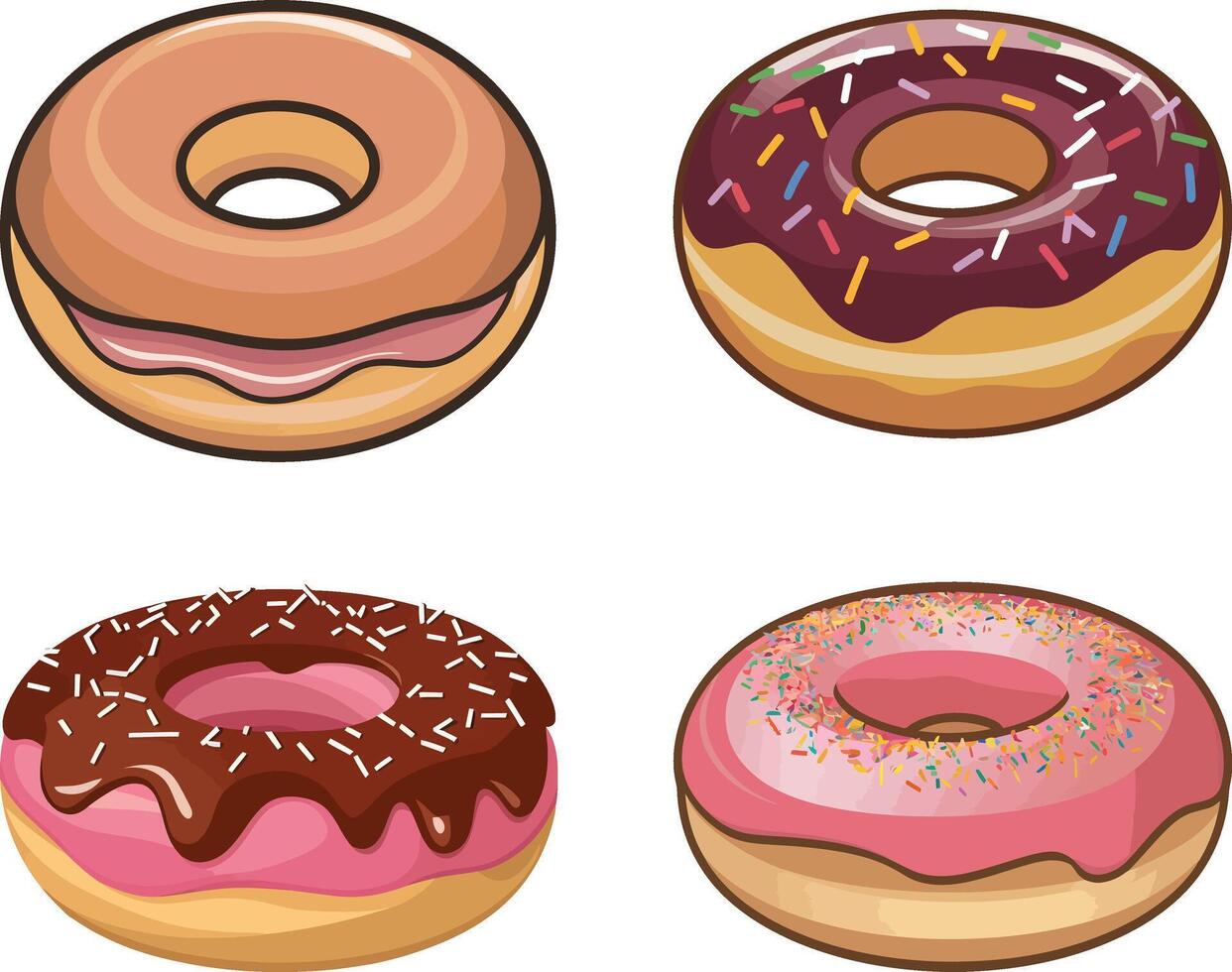 a collection of donuts with different colors and a few sprinkles vector