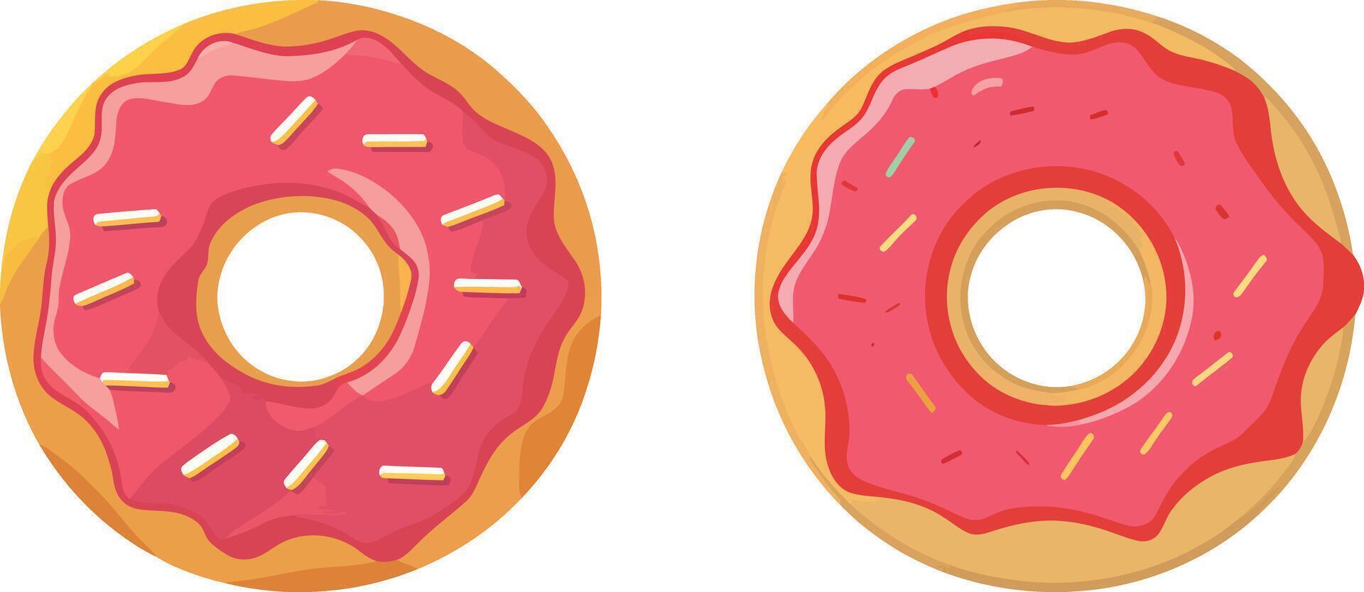two donuts with pink frosting and one has pink frosting vector