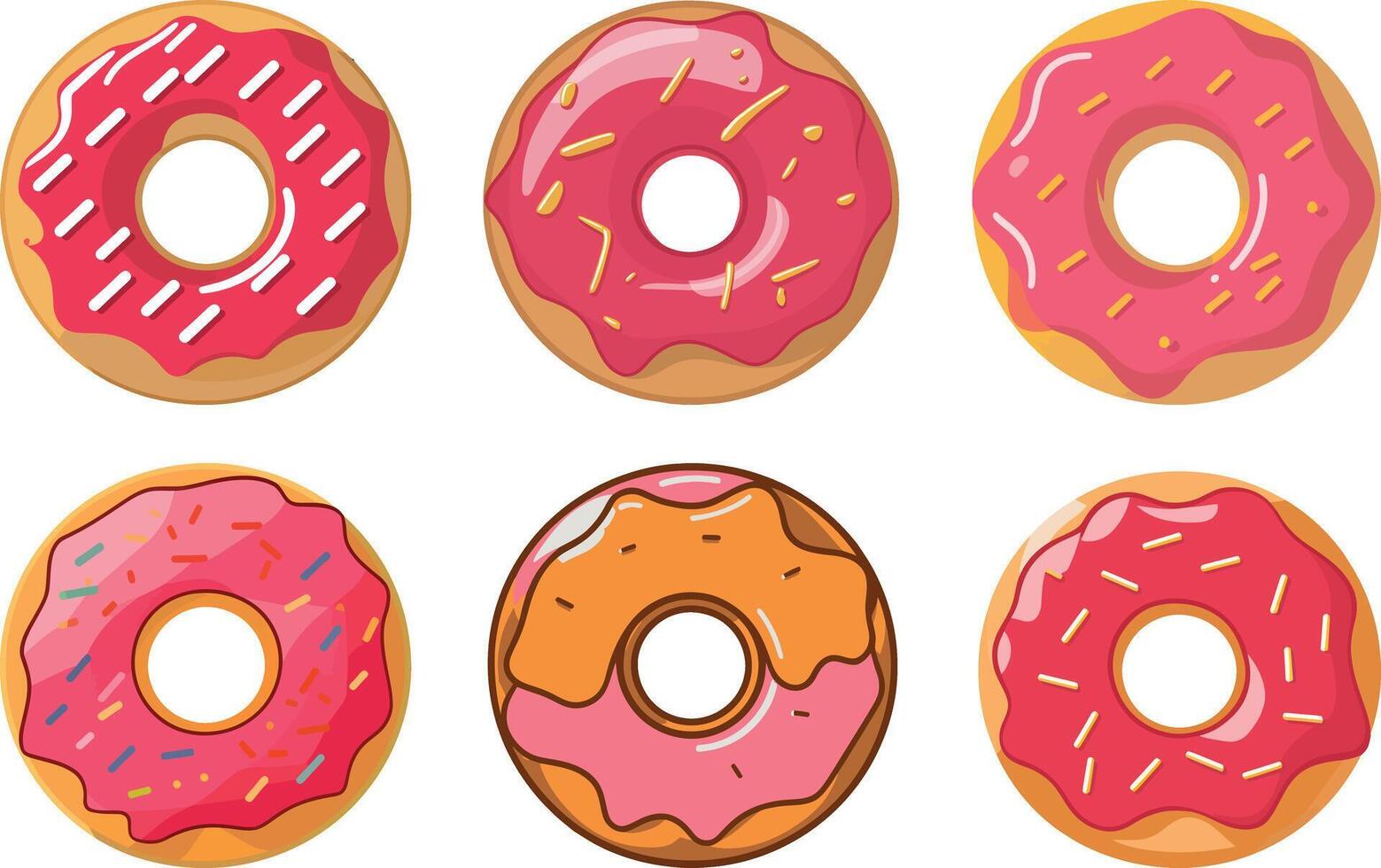a collection of donuts with different colors and a few sprinkles vector