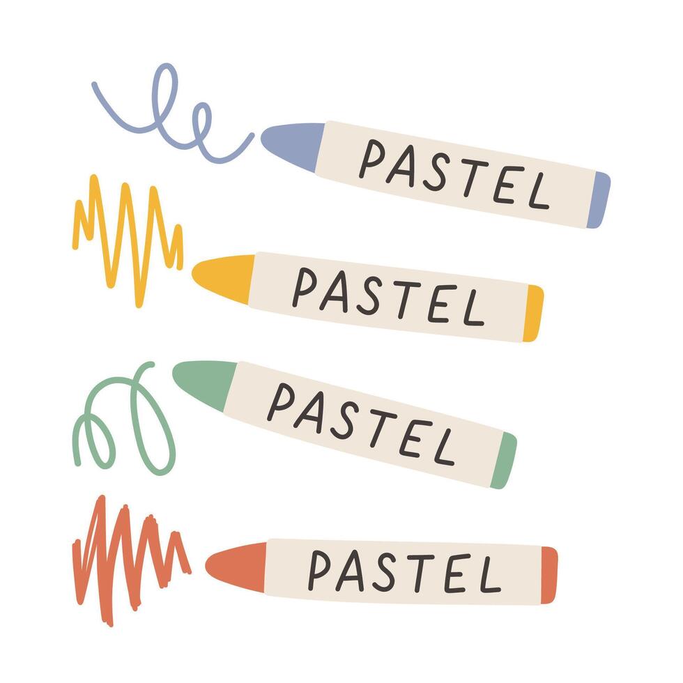 Simple oil pastel or wax pastel crayons set. Color pencils isolated on white. Kindergarten, preschool and kids concept. vector