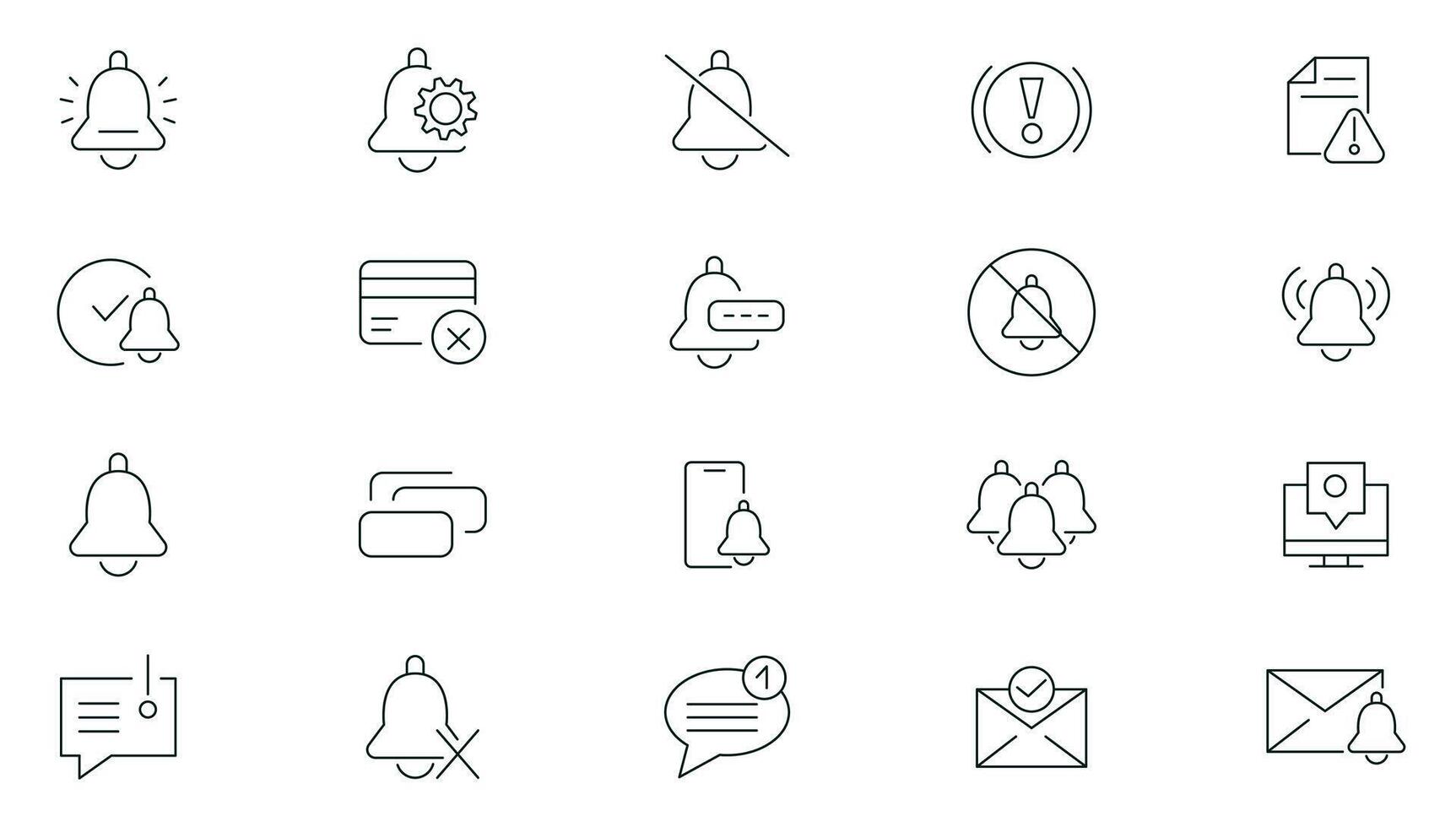 Notification line icons collection. Notification, Reminder, Bells, sound, message, lert, risk, caution, warning, exclamation, alert information and chat outline icon pack. UI thin outline icons pack. vector