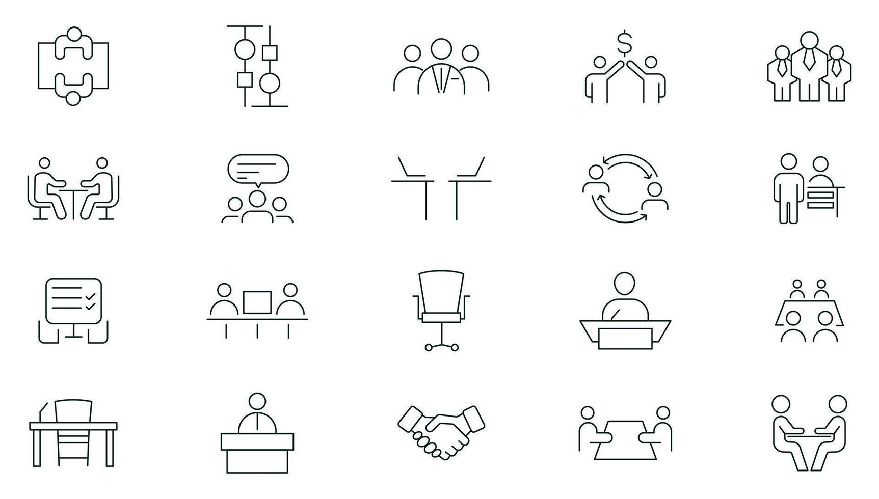 Meeting line icon set collection. Conference, team, group, presentation, meeting room, team, teamwork, presentation, idea, brainstorm, seminar, interview outline icon set. Thin outline icon pack. vector