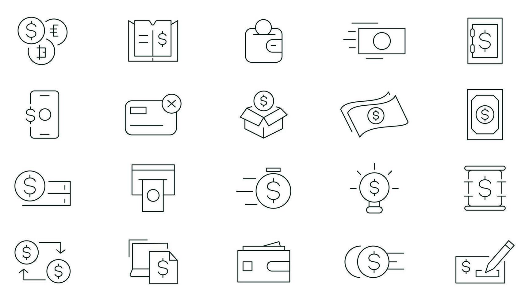 Money and Payment Line Icons set. Business, finance, transaction, payment, banking, wallet, coins, currency, exchange, dollar, euro, cash wallet, exchange, atm payment outline icon collection. vector