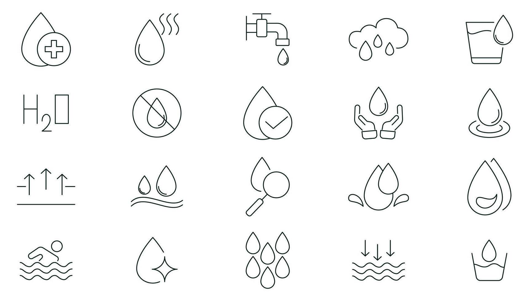 Water thin line icons set. Water, filter, drops, waves, drop, sea, drinking water, bottle, cleanliness, aqua outline icons collection. Thin outline icons . vector