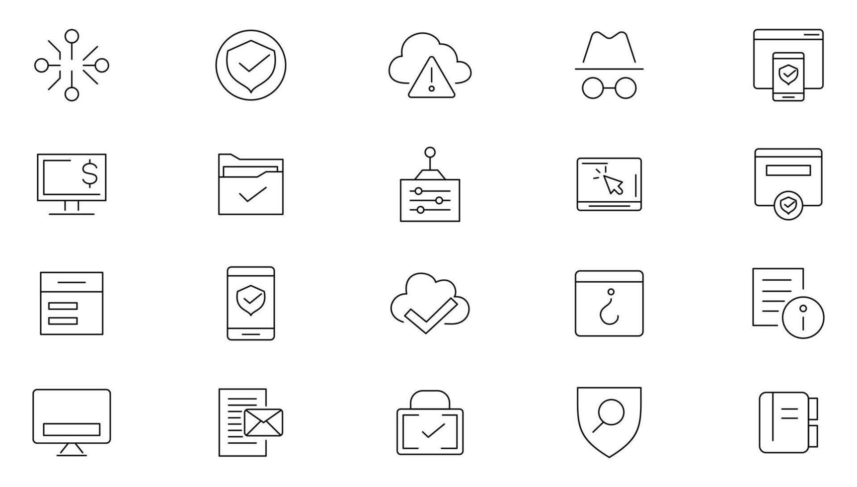Cyber Security editable line icons set. Data protection, spam, secure, security, antivirus, password, privacy, padlock, hacker, firewall, virus threat and cyber dangers outline icon collection. vector