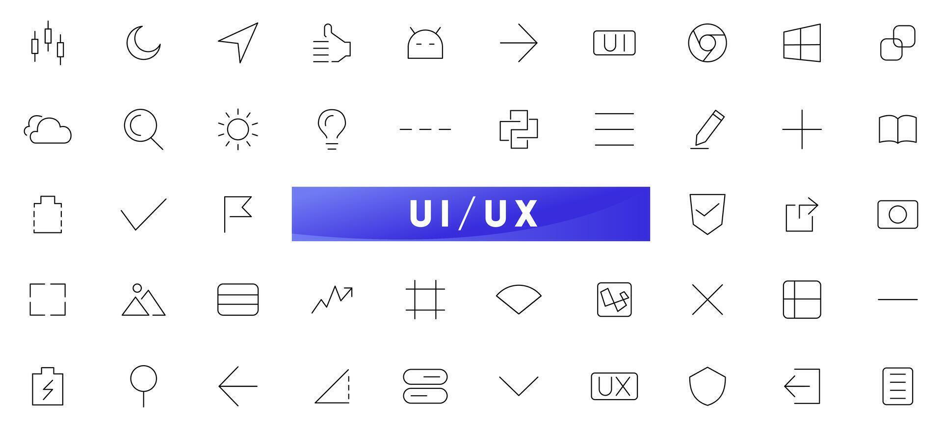 Basic interface UX UI linear icon set. UI UX interface icons. User, profile, message, app, ui, ux, web, print, document file, social media, button, home, chat, arrow outline icon collection. vector