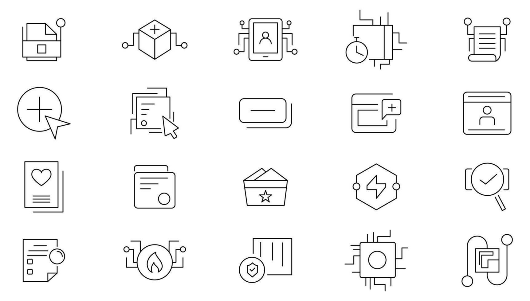 Digitalisation linear icon set. Digital technology, cloud computing, mobile payment, coding, chip, vr glasses, innovation, network, artificial intelligence outline icon collection vector