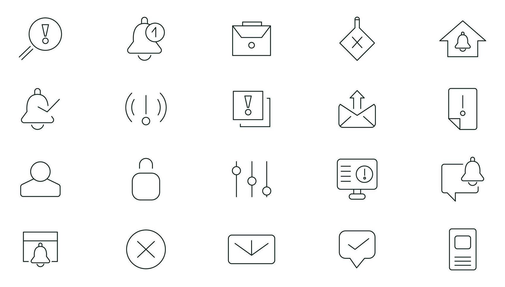 Notification line icons collection. Notification, Reminder, Bells, sound, message, lert, risk, caution, warning, exclamation, alert information and chat outline icon pack. UI thin outline icons pack. vector