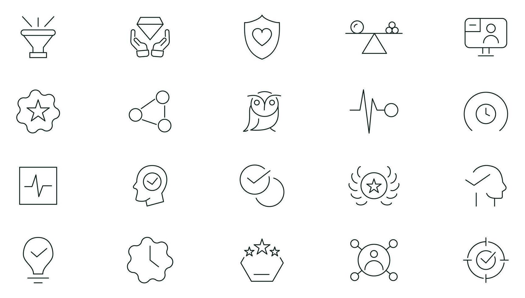 Core values line icon set. Goals and Target, achievement, aim, motivation, vision, growth, goal, trust, teamwork, customers, ethics, passion, influence outline icon set. vector