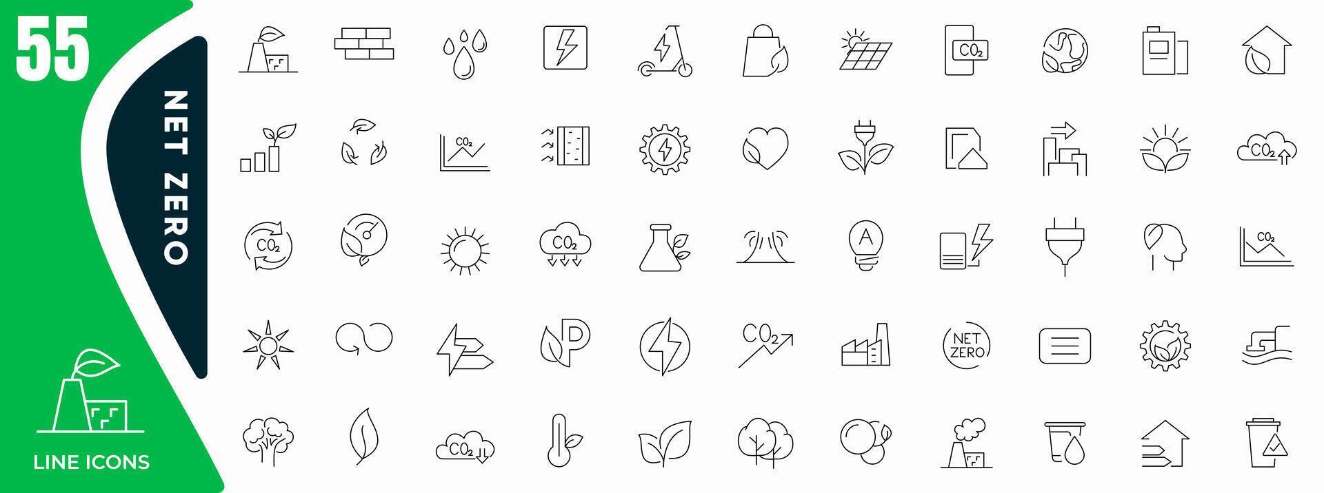 Net zero line icon set. Eco, carbon footprint, CO2 neutral, solar energy, wind power, renewable energy outline icon collection. UI thin outline icons pack. vector