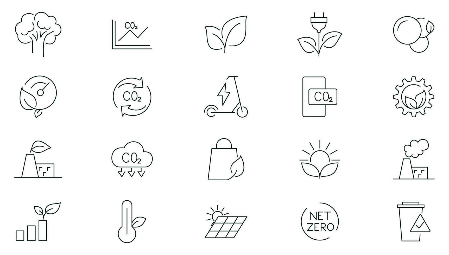 Net zero line icon set. Eco, carbon footprint, CO2 neutral, solar energy, wind power, renewable energy outline icon collection. UI thin outline icons pack. vector