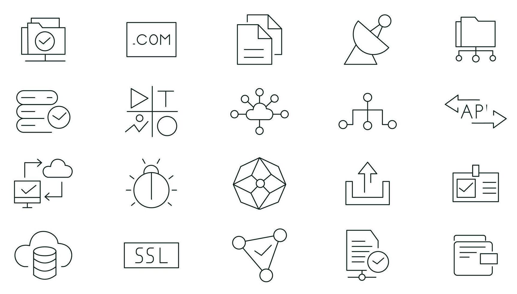 Information technology web icon set. Web Hosting Line Icons pack. Data analytics, database, big data process, ai, traffic, hosting service, optimization and backup outline icon set collection. vector