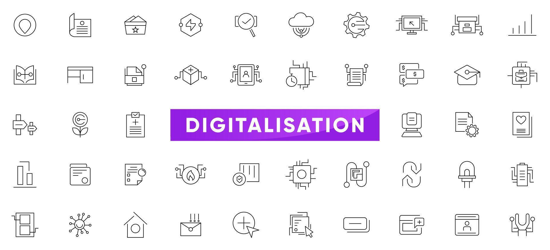 Digitalisation linear icon set. Digital technology, cloud computing, mobile payment, coding, chip, vr glasses, innovation, network, artificial intelligence outline icon collection. vector