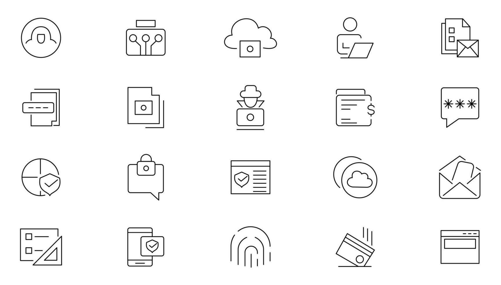 Cyber Security editable line icons set. Data protection, spam, secure, security, antivirus, password, privacy, padlock, hacker, firewall, virus threat and cyber dangers outline icon collection. vector