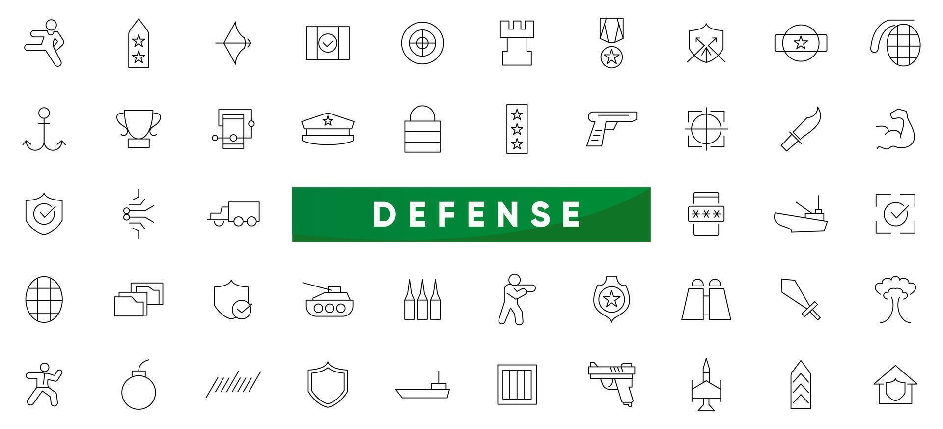 Defense line icon set. Military, army, war, battle, conflict, military, missile, refugees, bomb and tank outline icon collection. UI thin outline icons vector