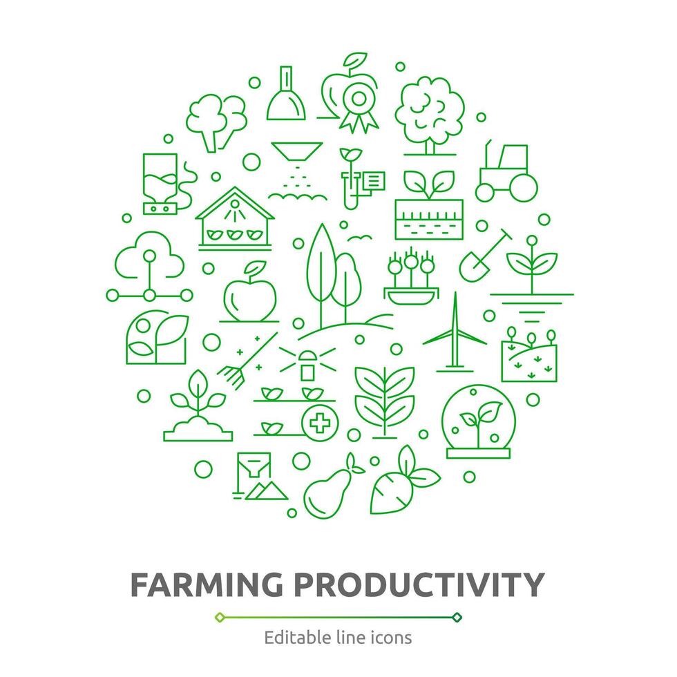 Farming productivity icons. Agricultural business, harvest. UI flat icons set. Outline icon collection. Thin outline icons pack vector