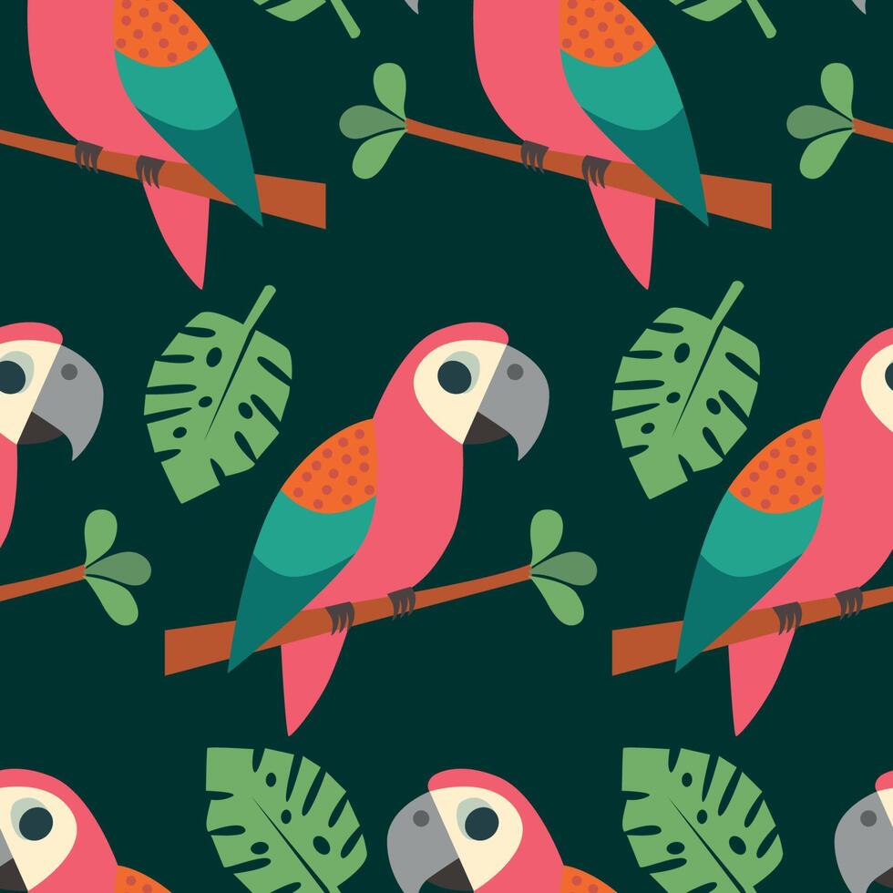 Seamless tropical pattern with parrot abd leaves vector