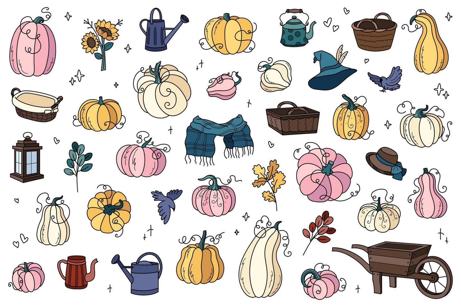 Set of autumn pumpkins, flowers, leaves and other items. Hand drawn doodle cliparts vector