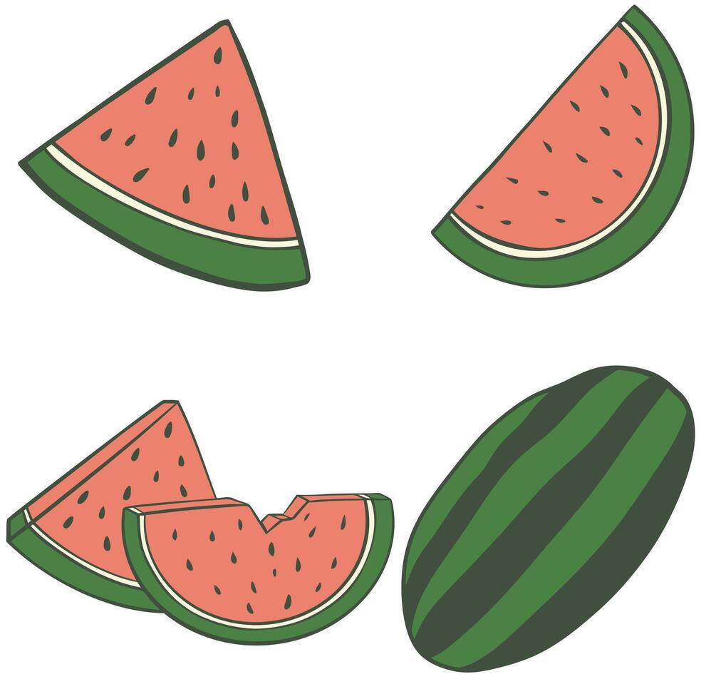 Watermelon Set Includes Juicy Slices, Refreshing Beverages, And Popsicle Ice Cream For A Summer Picnic Or Pool Party vector