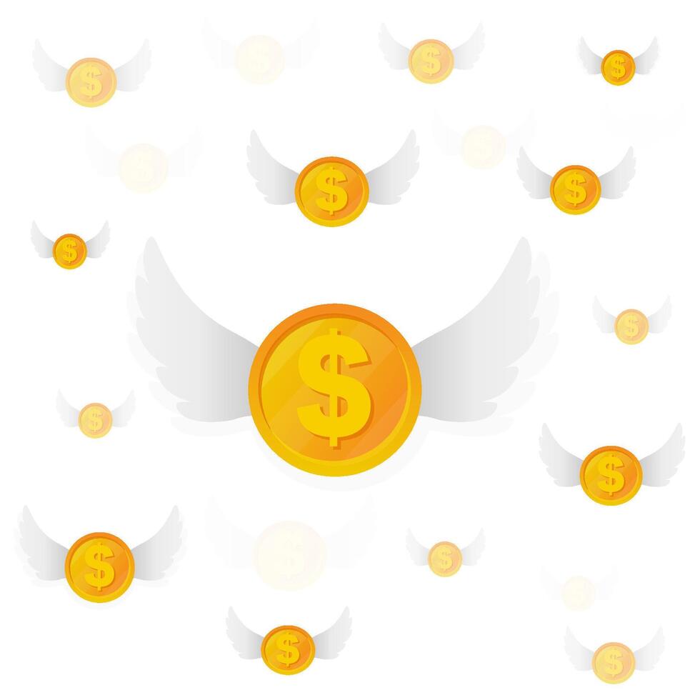 flying golden coins with wings isolated on white background. illustration. vector