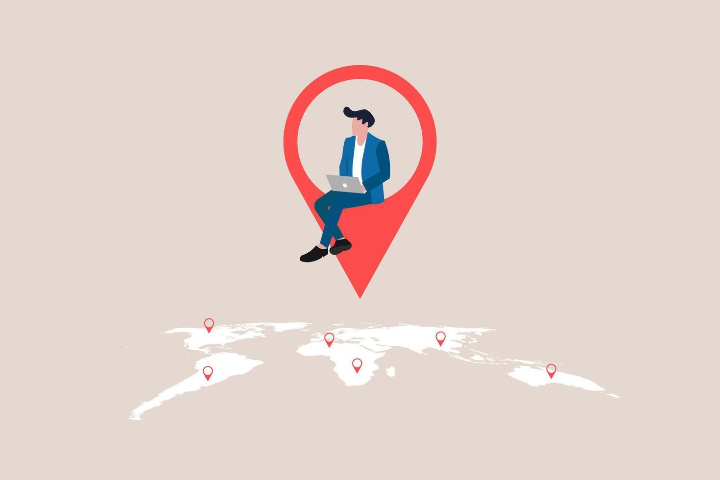 Businessman working remotely with computer laptop on location map pin. Expansion business, remote job or distance work, virtual office or working anywhere vector