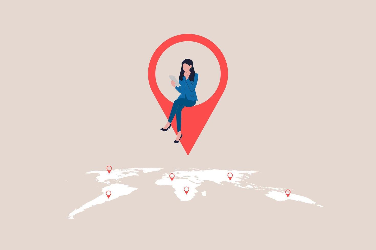 Business woman working remotely with computer laptop on location map pin. Expansion business, remote job or distance work, virtual office or working anywhere vector