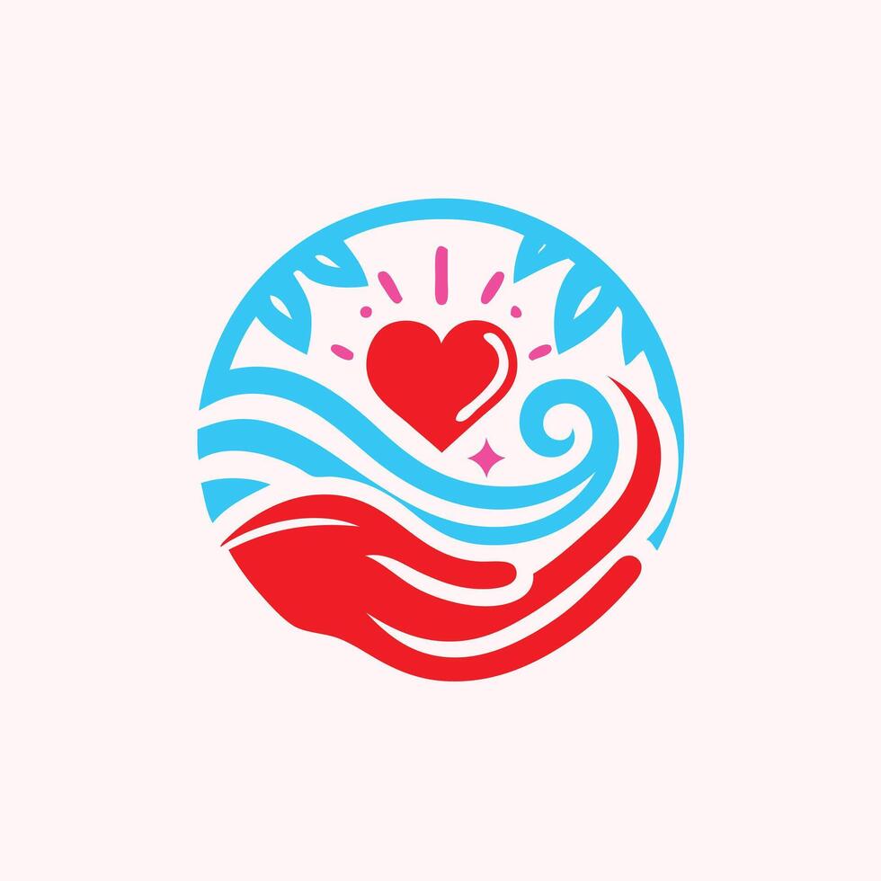 heart logo with hand and leaves and waves pattern vector