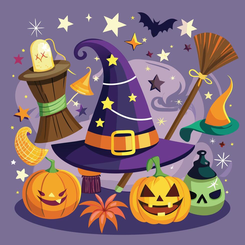 Iconic witch hats and broomsticks, essential for any Halloween collection. vector