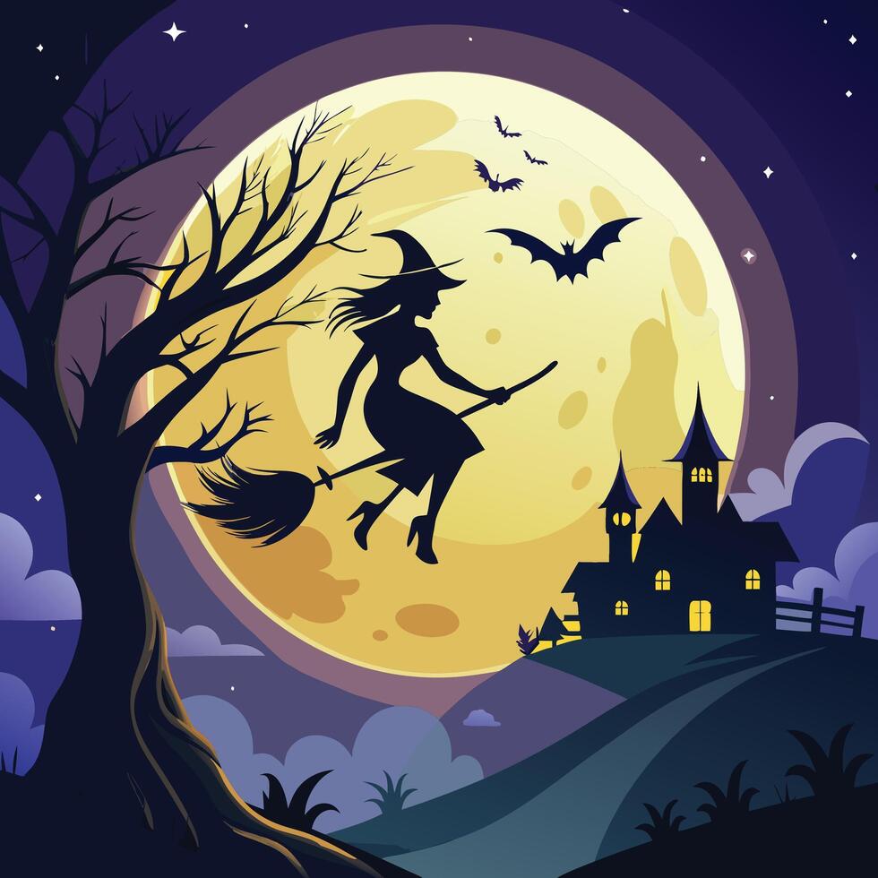 A glowing full moon with a silhouette of a witch flying on a broomstick. vector
