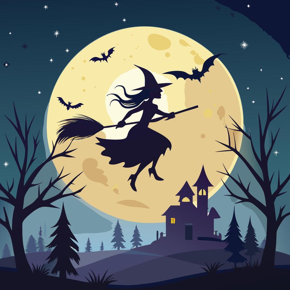 A glowing full moon with a silhouette of a witch flying on a broomstick. vector