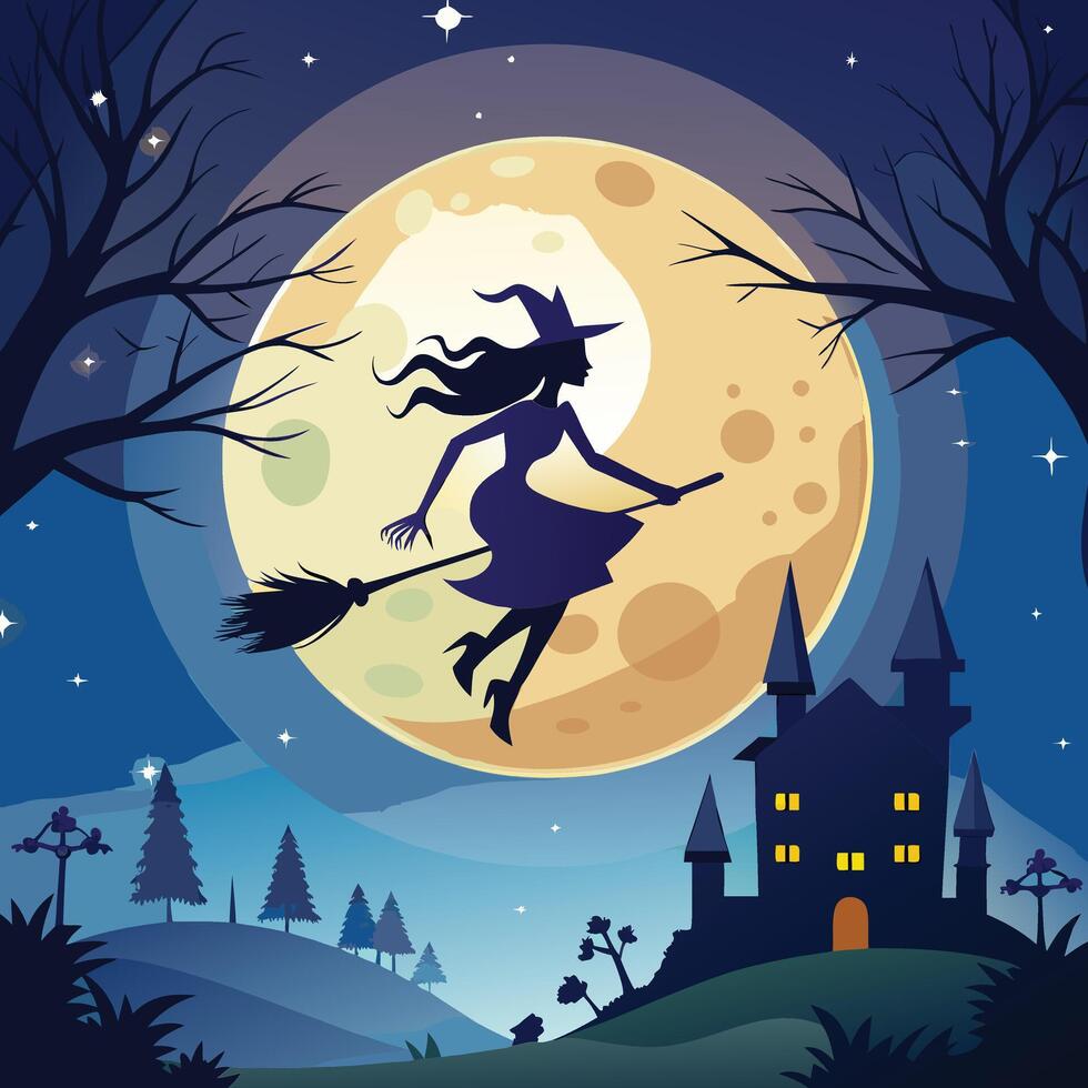 A glowing full moon with a silhouette of a witch flying on a broomstick. vector