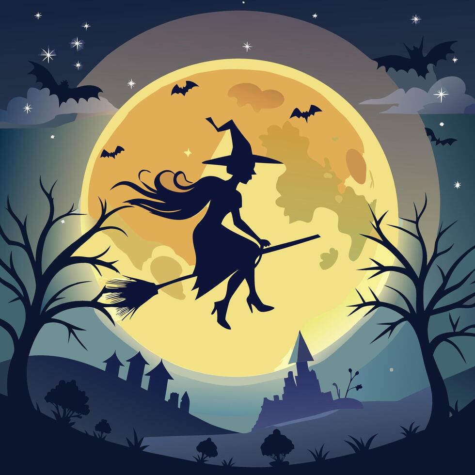 A glowing full moon with a silhouette of a witch flying on a broomstick. vector