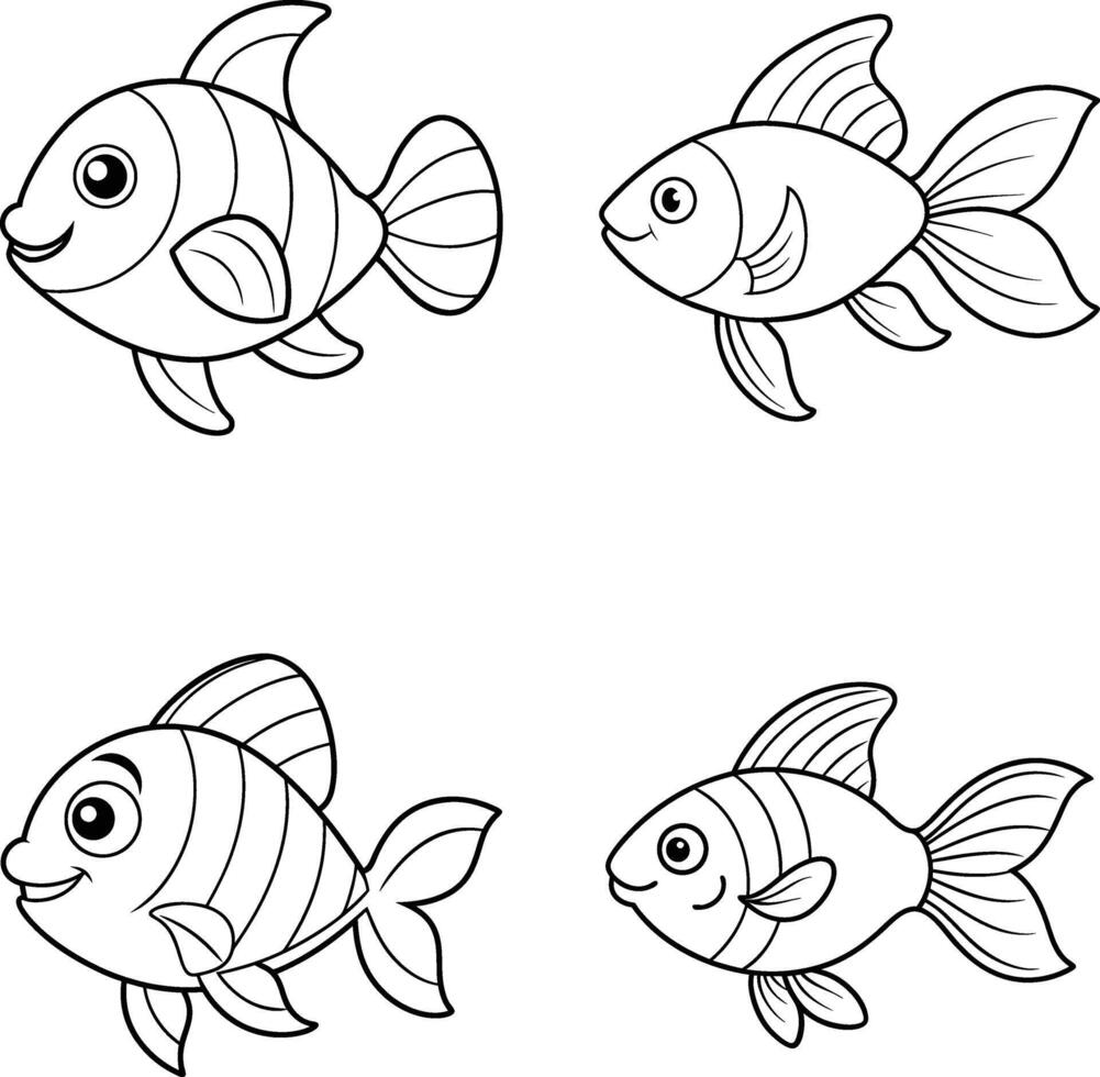 A set of black and white fish drawing outline vector