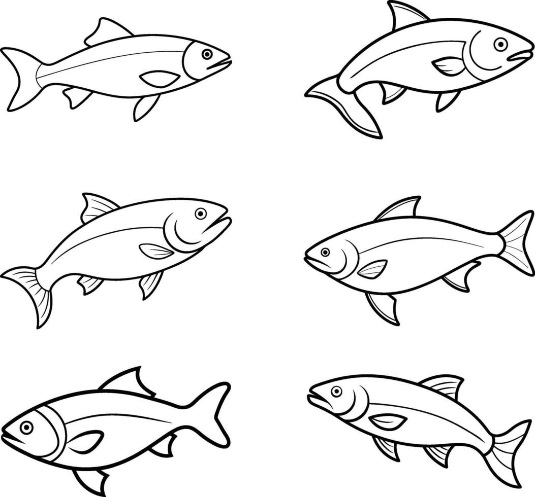 A set of black and white fish drawing outline vector