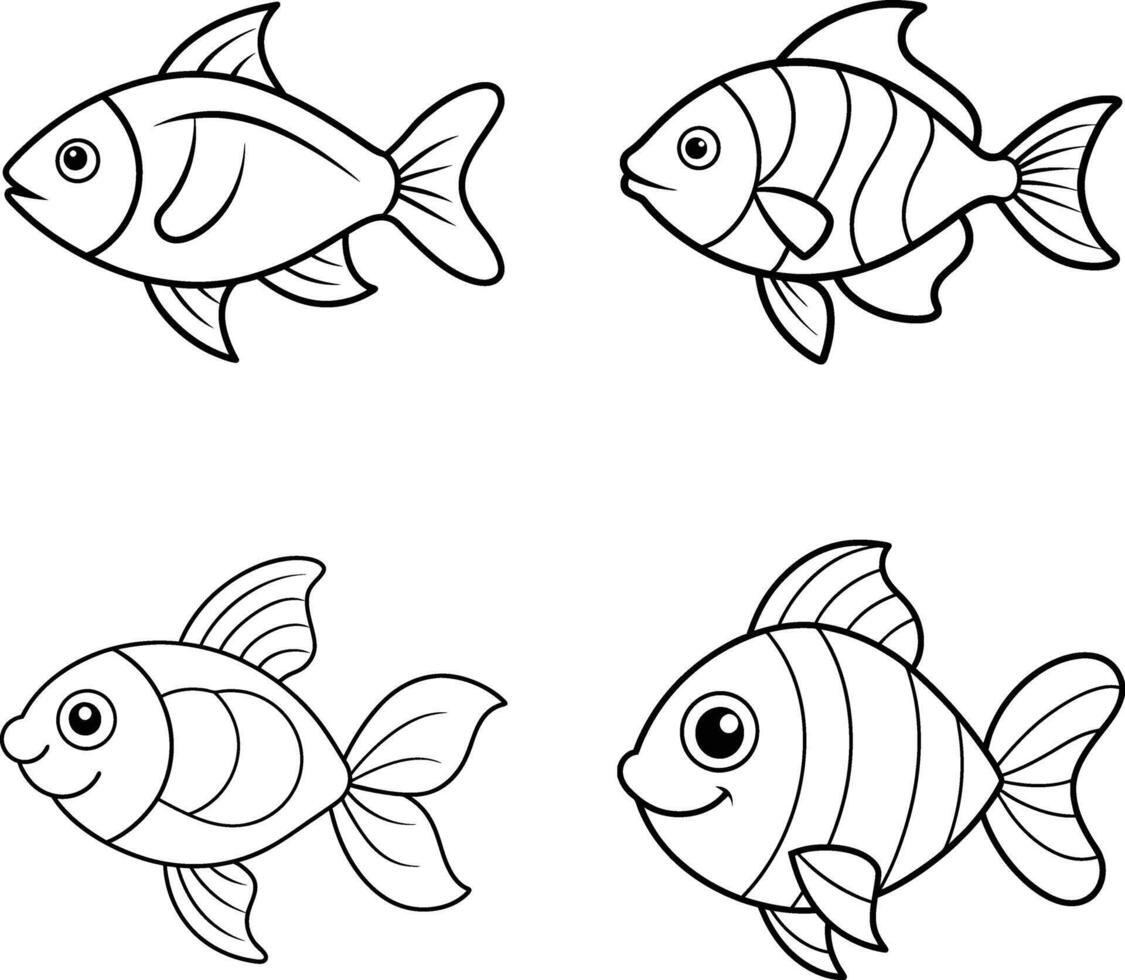 A set of black and white fish drawing outline vector